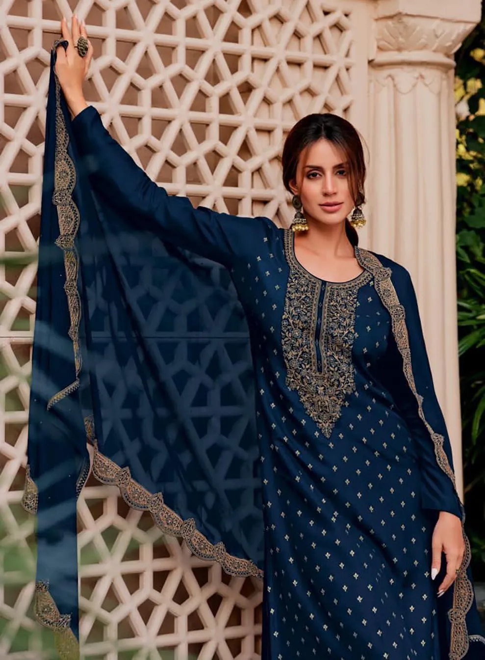 Party Wear Silk Woven Blue Unstitched Suit Material with Embroidery