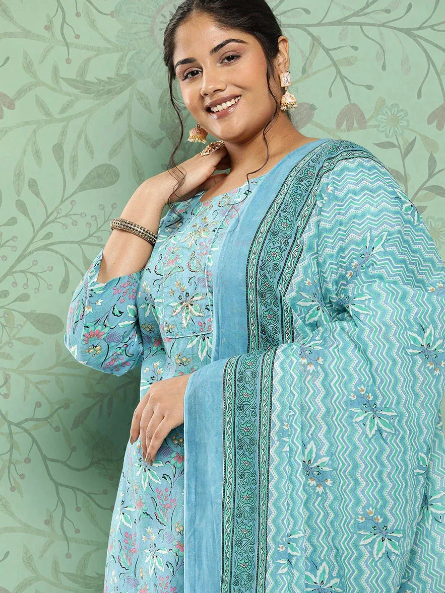 Plus Size Floral Cotton Kurta Dupatta Set