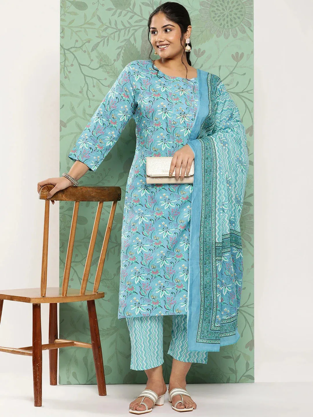 Plus Size Floral Cotton Kurta Dupatta Set