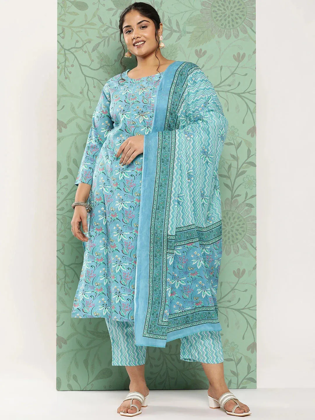 Plus Size Floral Cotton Kurta Dupatta Set