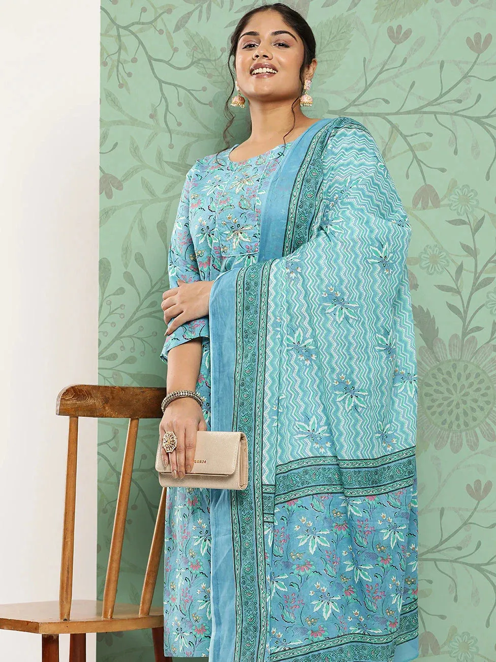 Plus Size Floral Cotton Kurta Dupatta Set