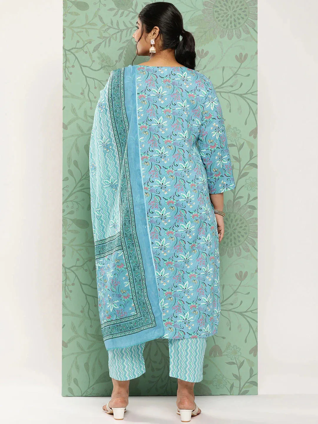 Plus Size Floral Cotton Kurta Dupatta Set