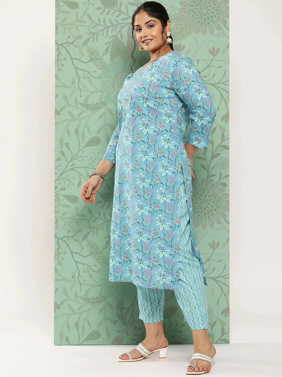 Plus Size Floral Cotton Kurta Dupatta Set