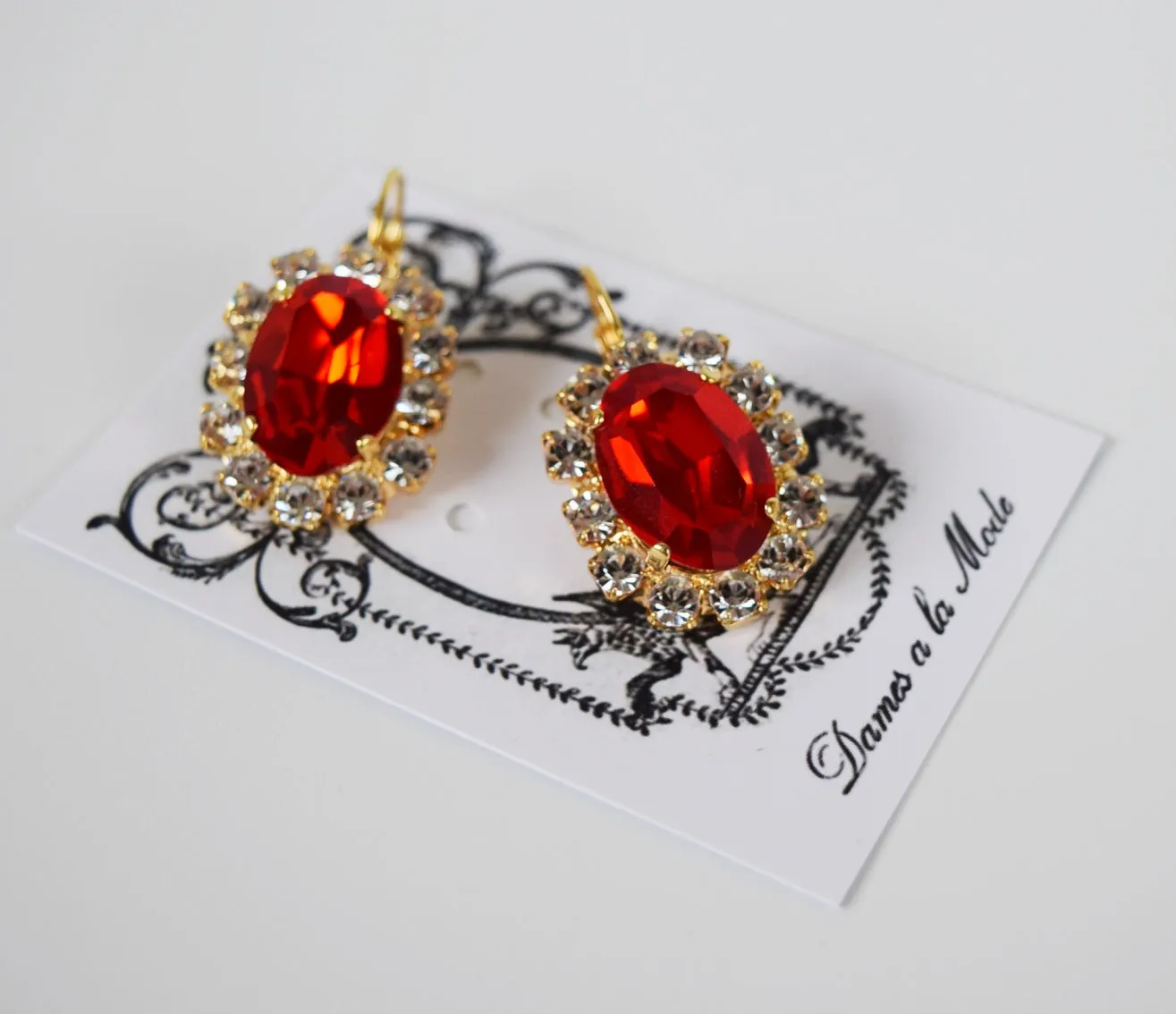 Red Swarovski and Crystal Cluster Earrings - Large Oval