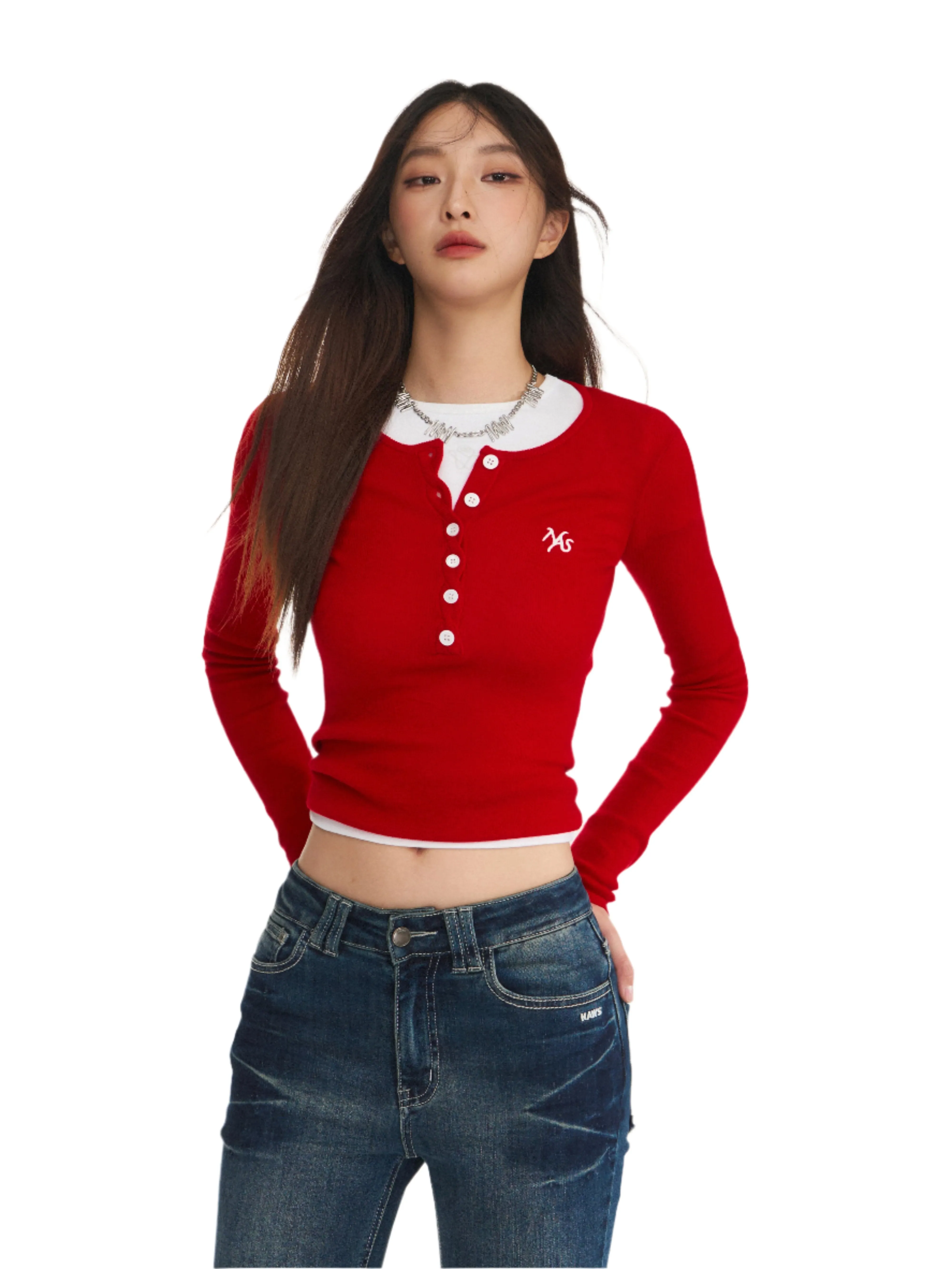 Red Twisted Henley Collar Knitwear Top