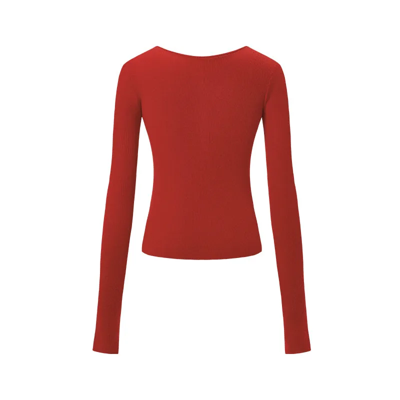 Red Twisted Henley Collar Knitwear Top