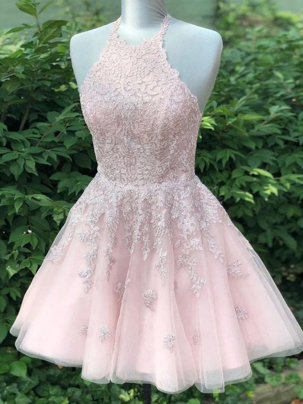 Short Halter Neck Pink Lace Prom Dresses, Halter Neck Short Pink Lace Graduation Homecoming Dresses