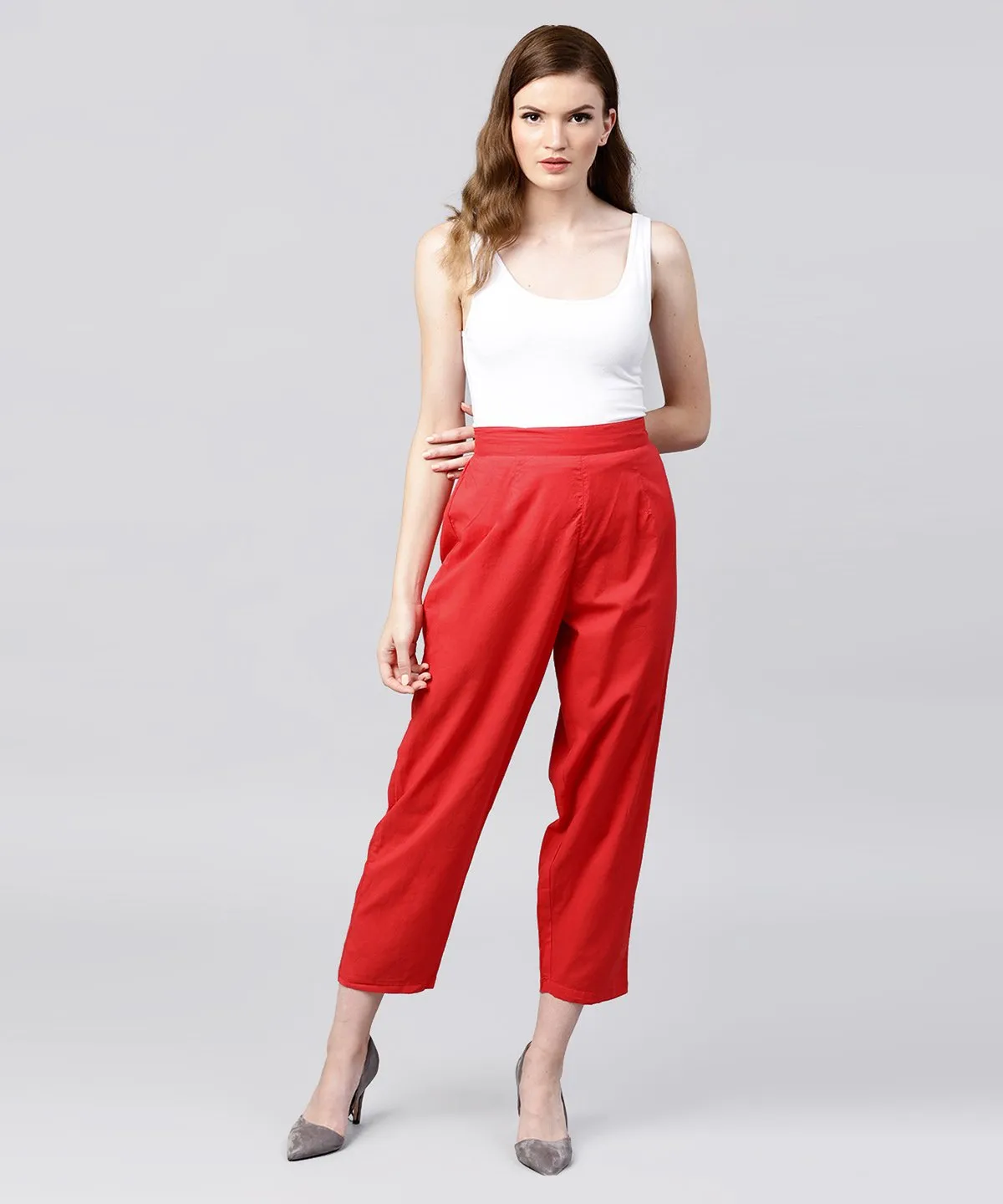 Solid Red Ankle Length Cotton Regular Fit Trouser