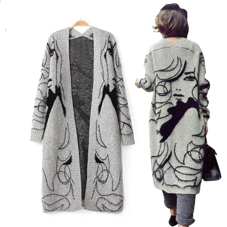 Trendy Long Sleeve Knitted Printed Cardigan