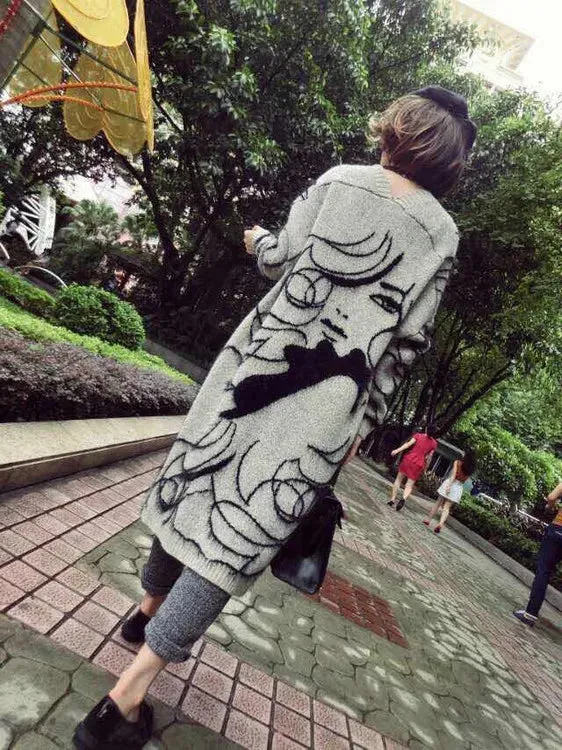 Trendy Long Sleeve Knitted Printed Cardigan