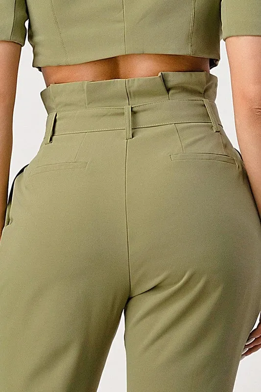 Two Piece Olive Hue Cropped Top And Belted Pant Set