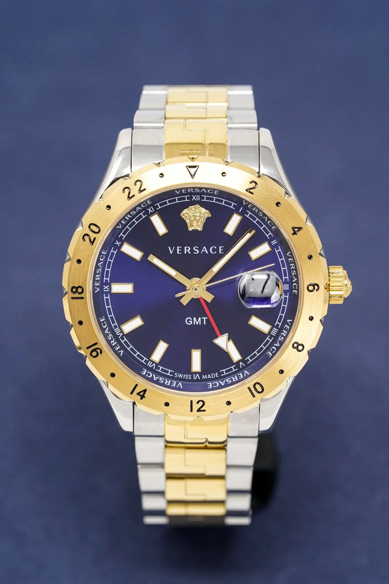 Versace Hellenyium GMT Mens Watch - Blue Two-Tone Bracelet, Model V11060017