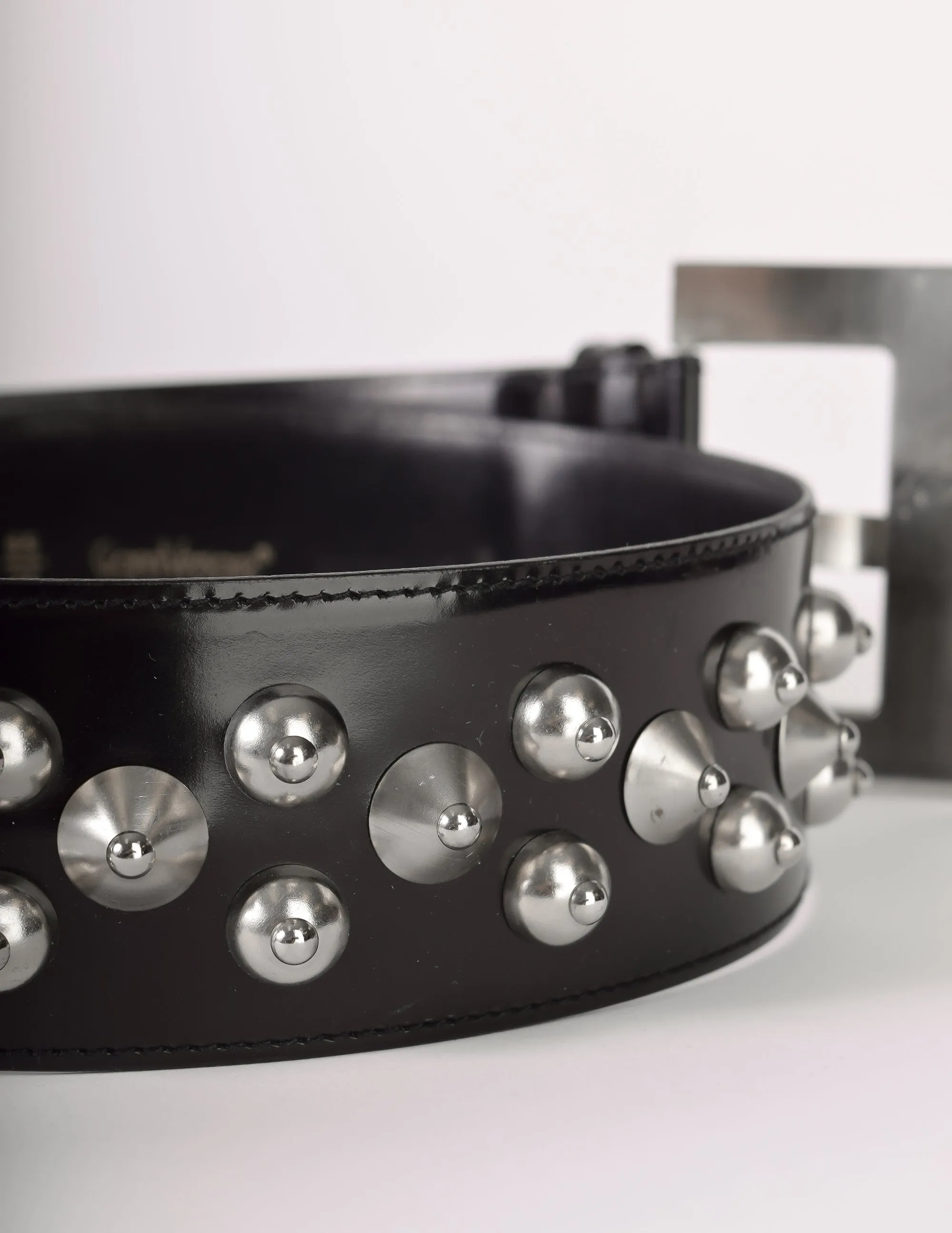 Versace Vintage Black Leather Silver Conic Spike Studded Belt