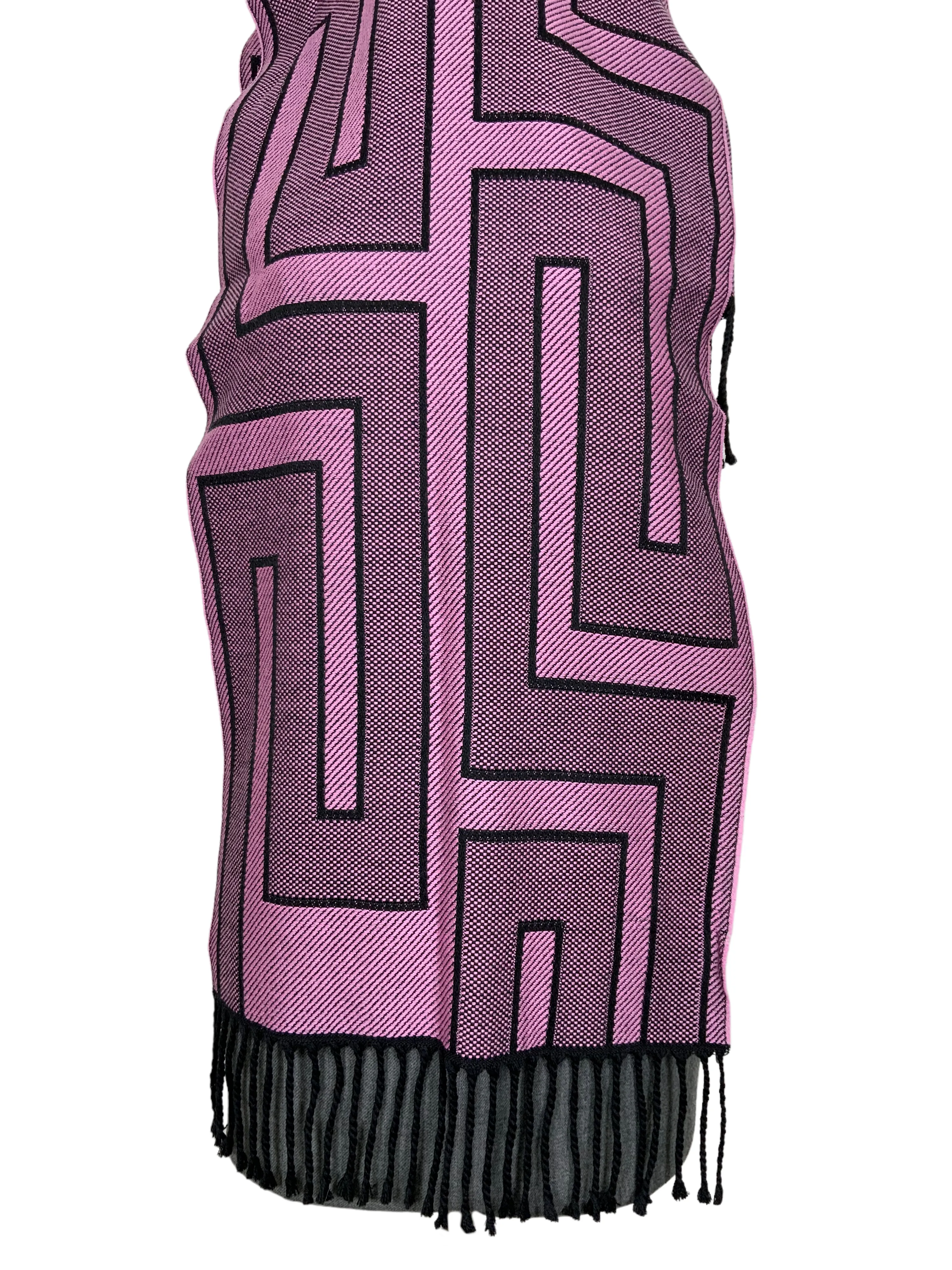 VERSACE Wool La Greca Print Fringe Oblong Scarf