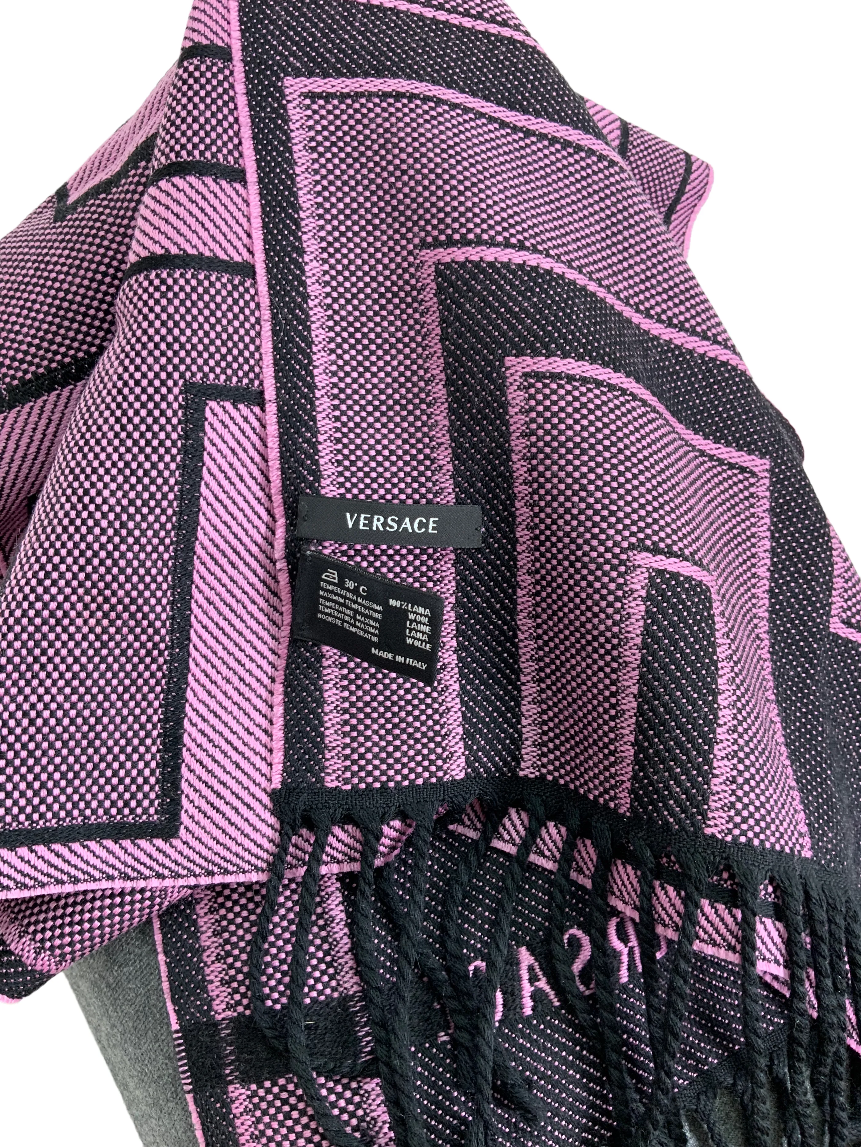 VERSACE Wool La Greca Print Fringe Oblong Scarf