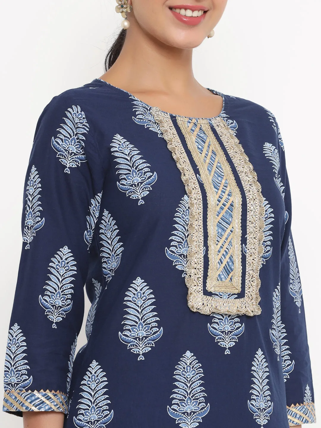 Women Blue Hand Work Cotton Kurta With Trouser & Dupatta