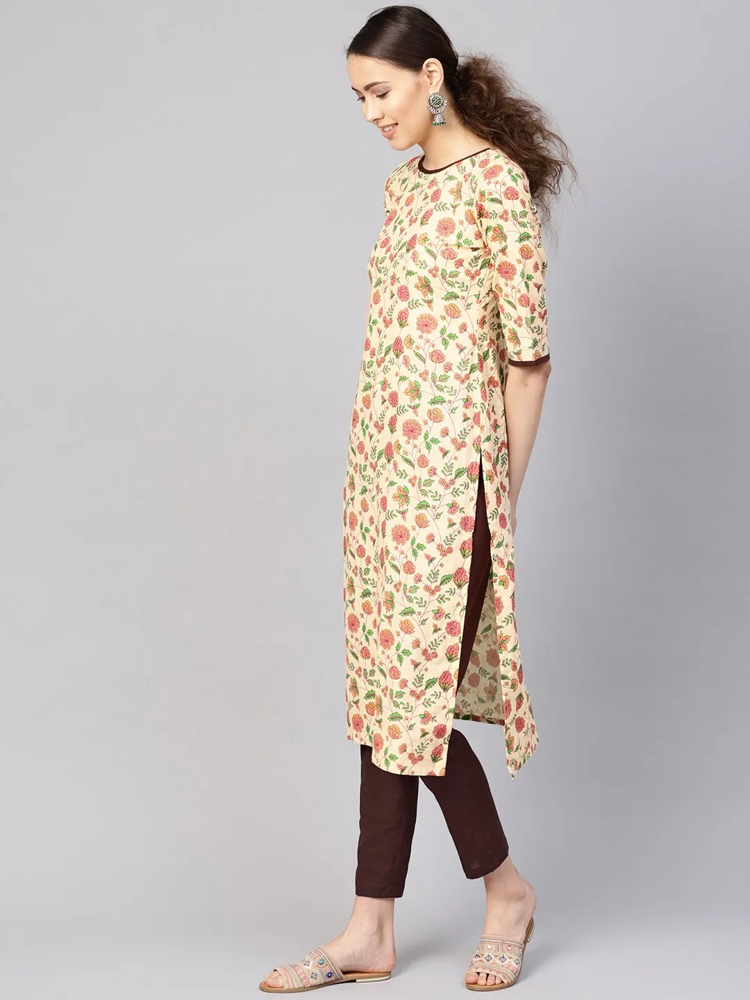 Women Cream-Coloured & Brown Printed Kurta With Trousers