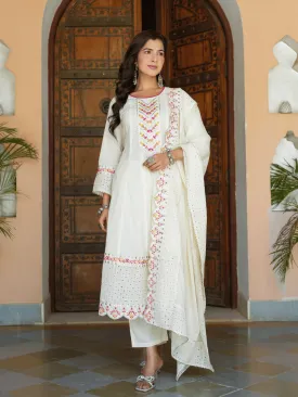 Women Cream Pure Cotton Kurta Set With Dupatta