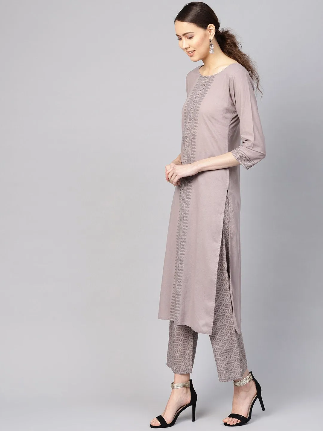 Women Grey Printed Kurta With Trousers & Dupatta