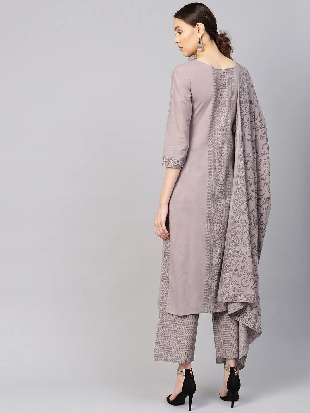 Women Grey Printed Kurta With Trousers & Dupatta