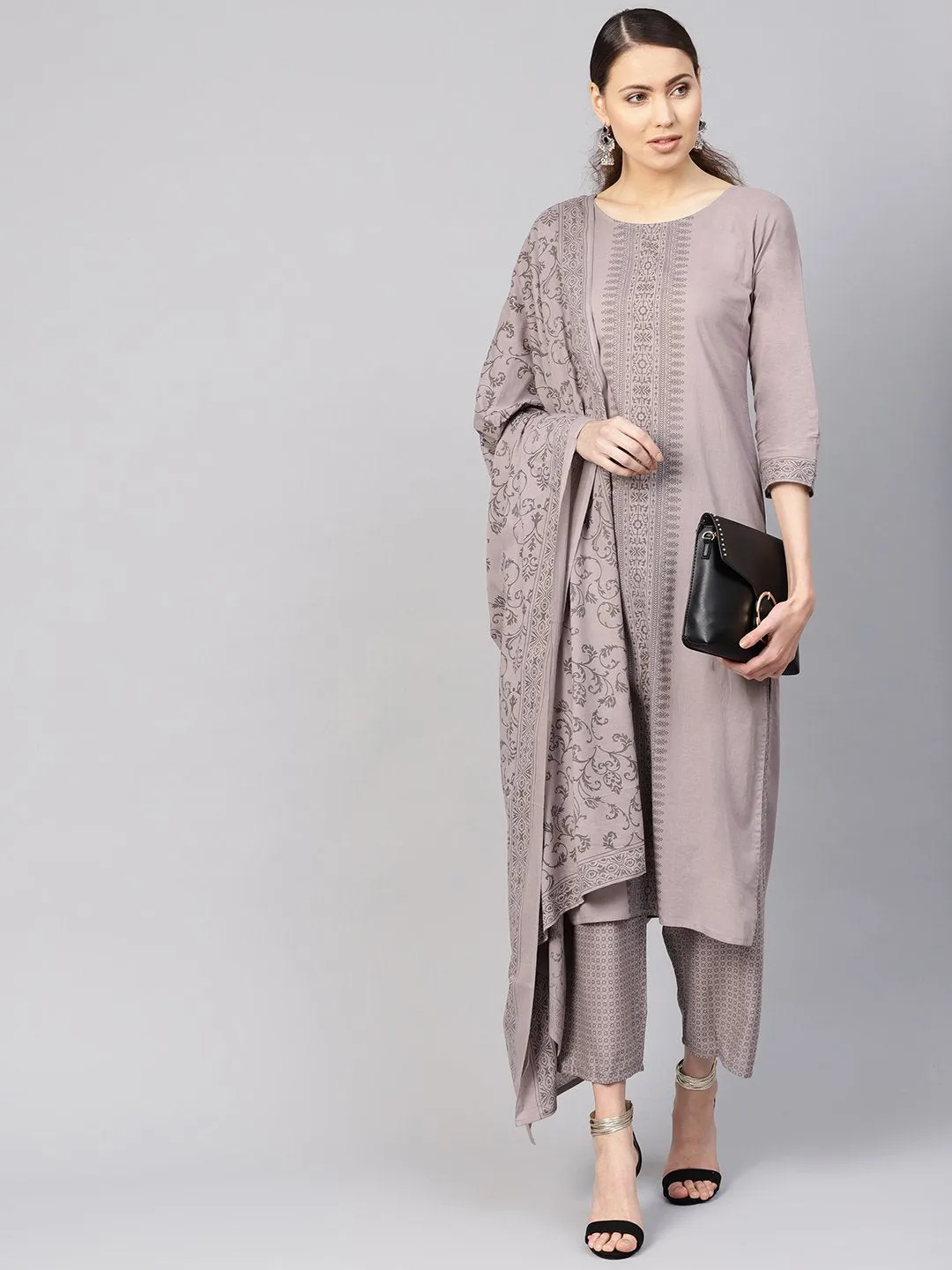 Women Grey Printed Kurta With Trousers & Dupatta