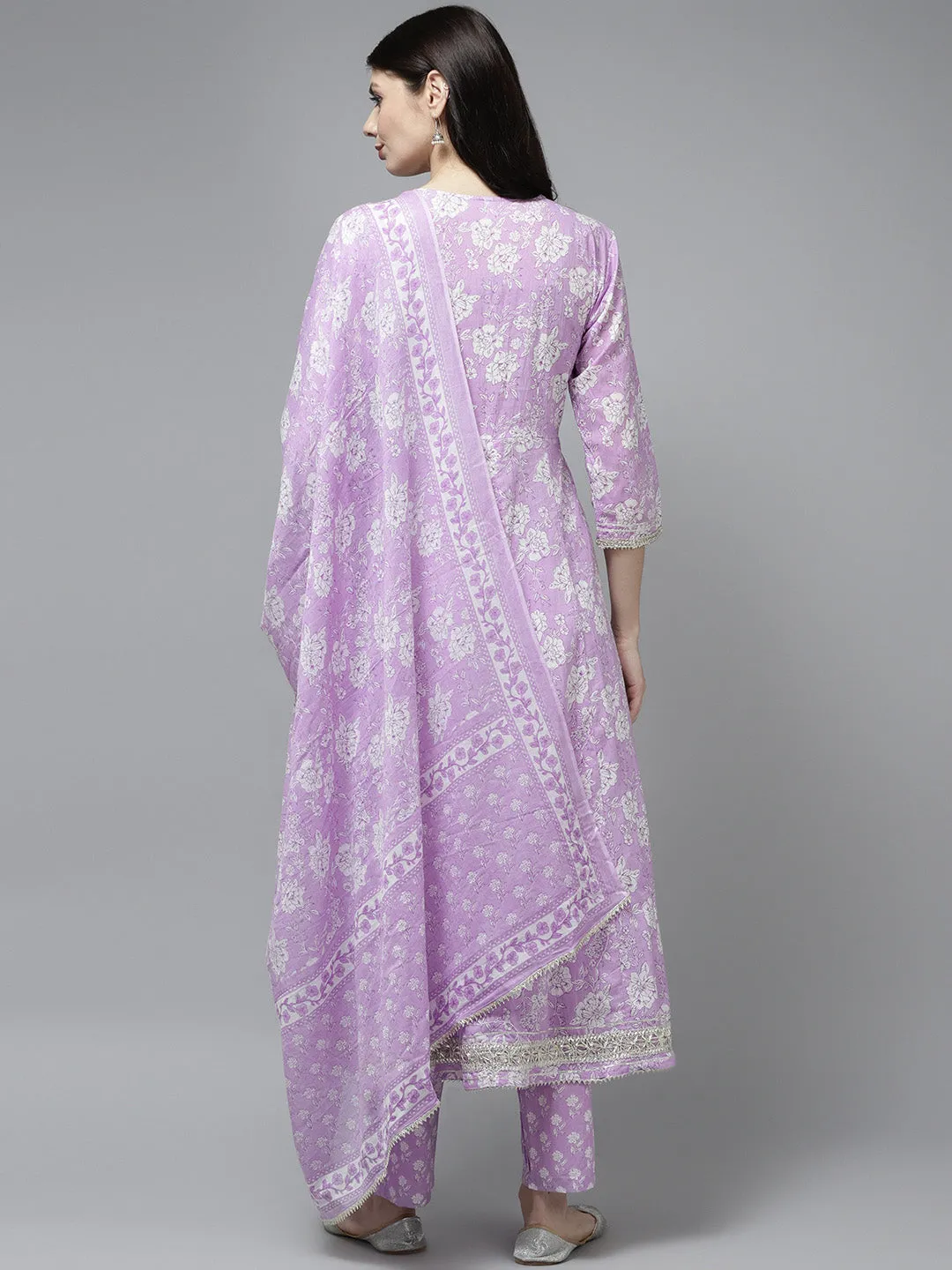 Women Lavender  Cotton  Kurta Set With Dupatta