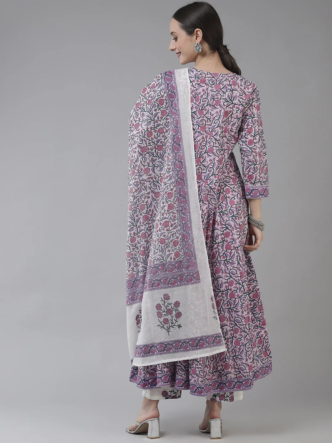 Women Lavender Cotton Kurta Set With Dupatta