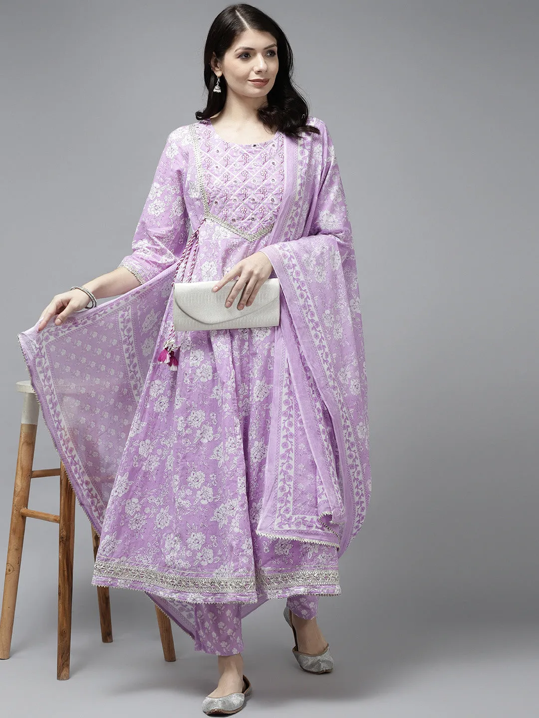 Women Lavender  Cotton  Kurta Set With Dupatta