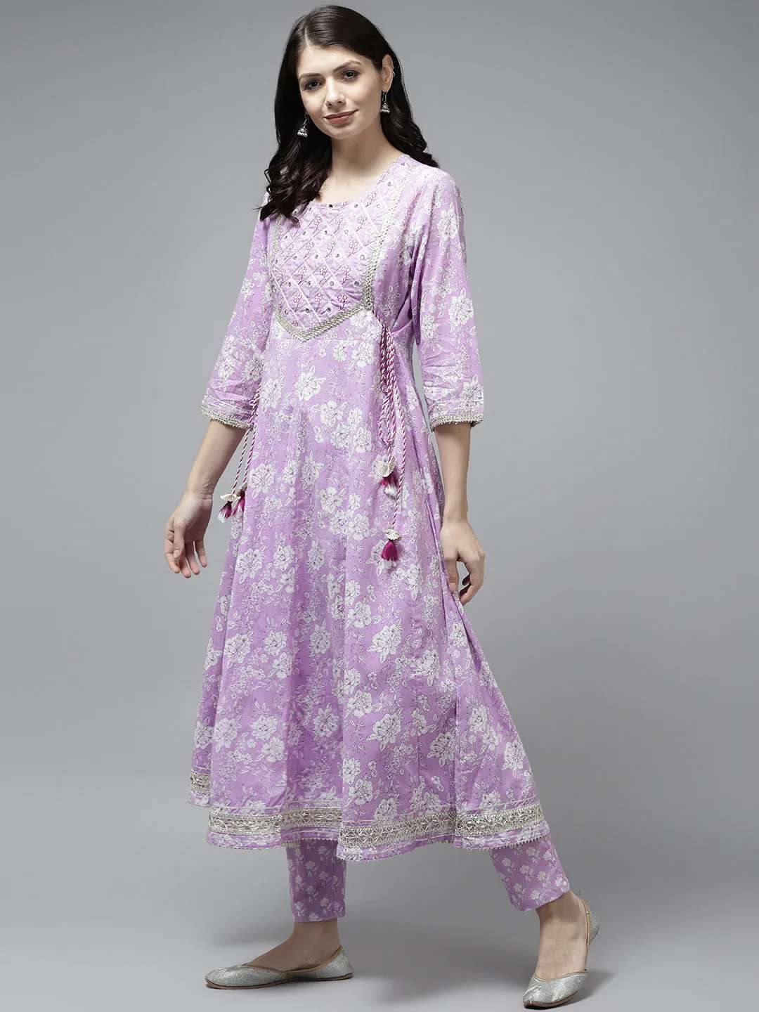 Women Lavender  Cotton  Kurta Set With Dupatta