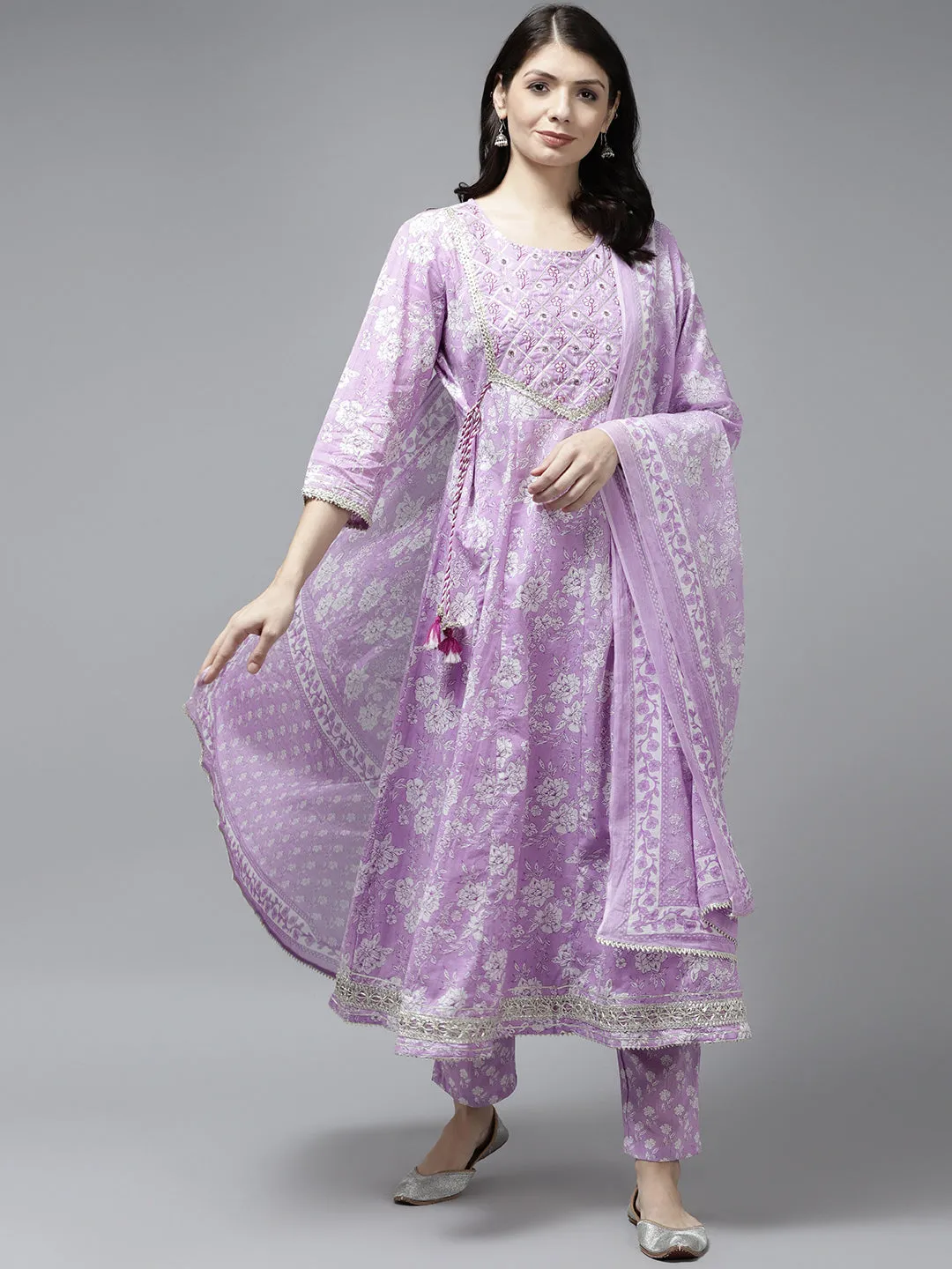 Women Lavender  Cotton  Kurta Set With Dupatta