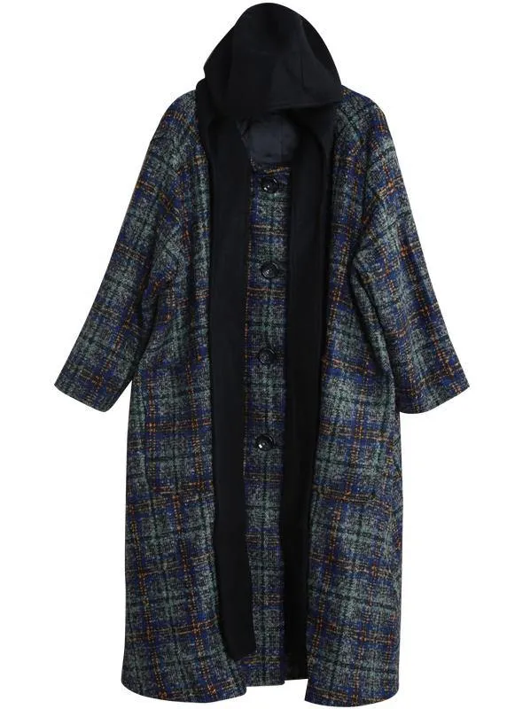 women Loose fitting long coats blue plaid hooded patchwork Woolen Coats