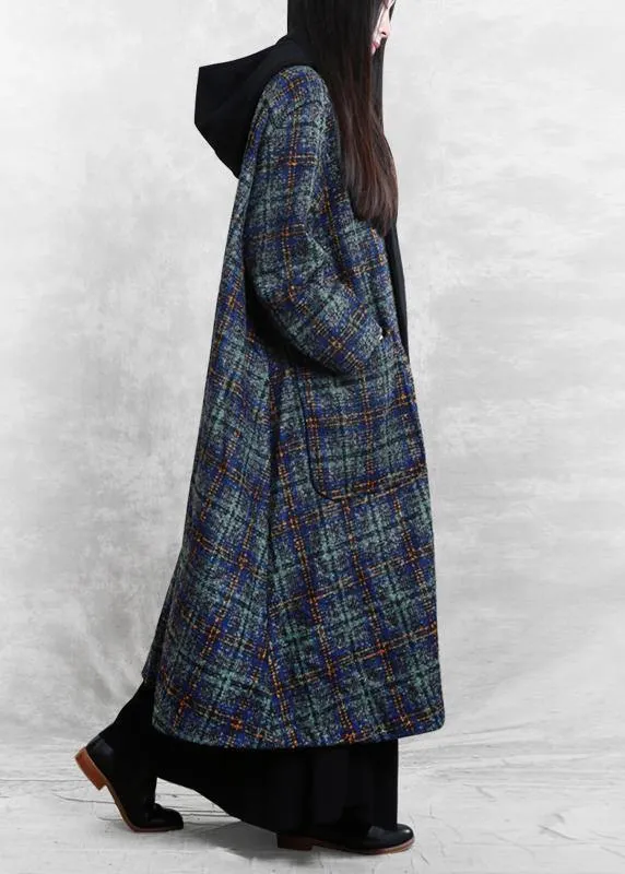 women Loose fitting long coats blue plaid hooded patchwork Woolen Coats