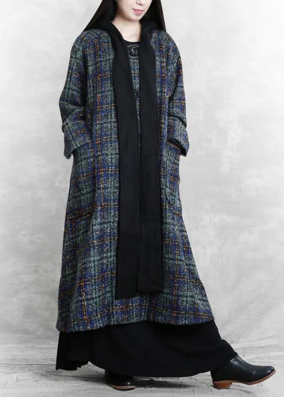 women Loose fitting long coats blue plaid hooded patchwork Woolen Coats