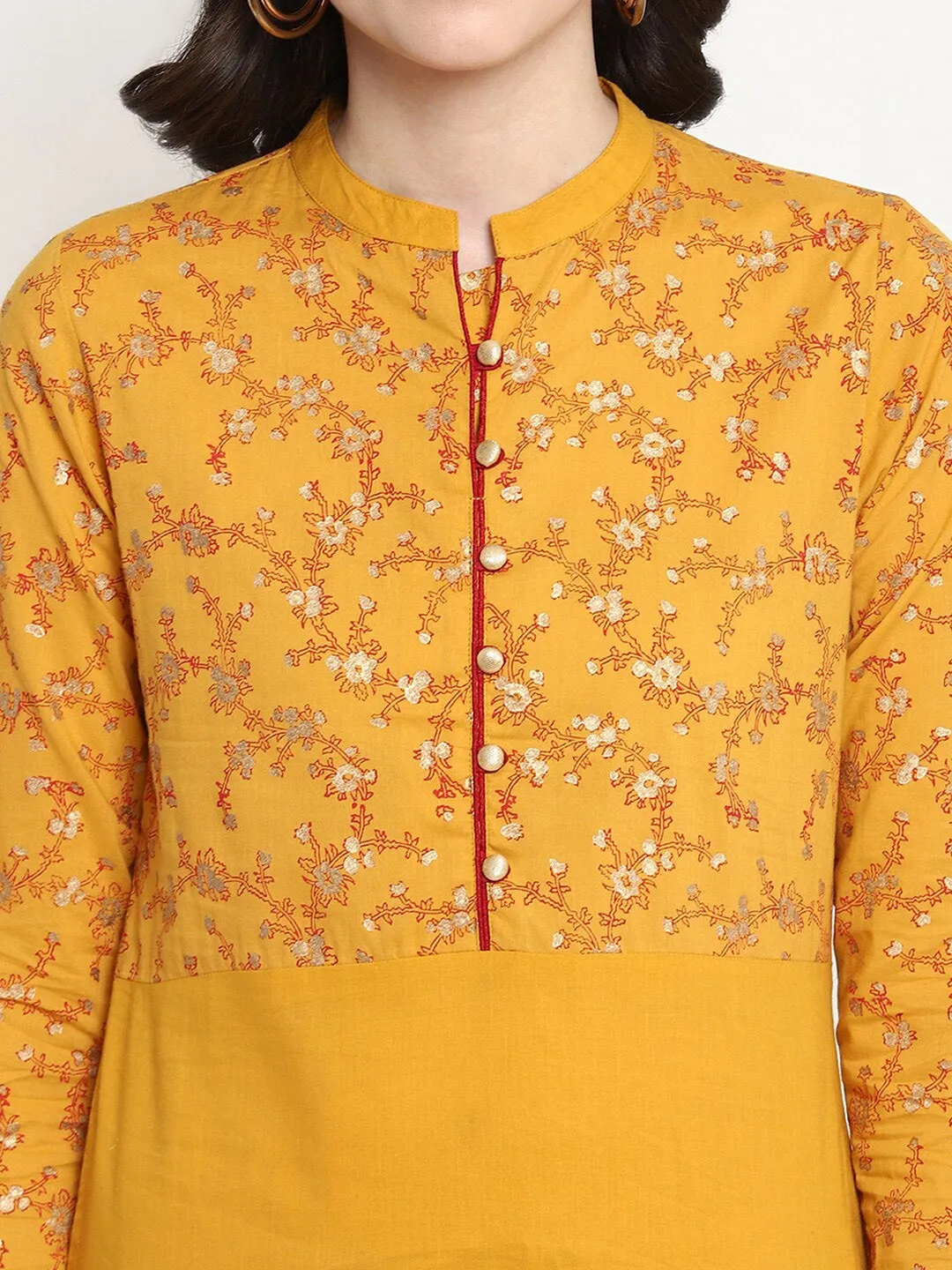 Women Mustard Yellow & Red Embroidered Kurta With Trousers & Dupatta