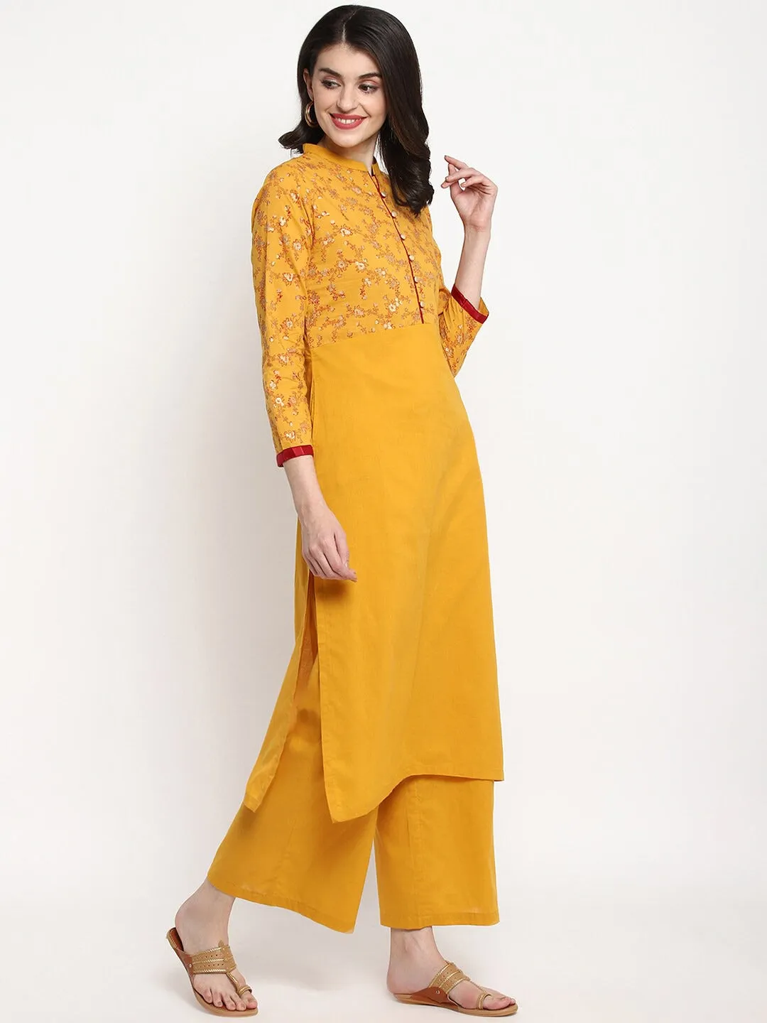 Women Mustard Yellow & Red Embroidered Kurta With Trousers & Dupatta