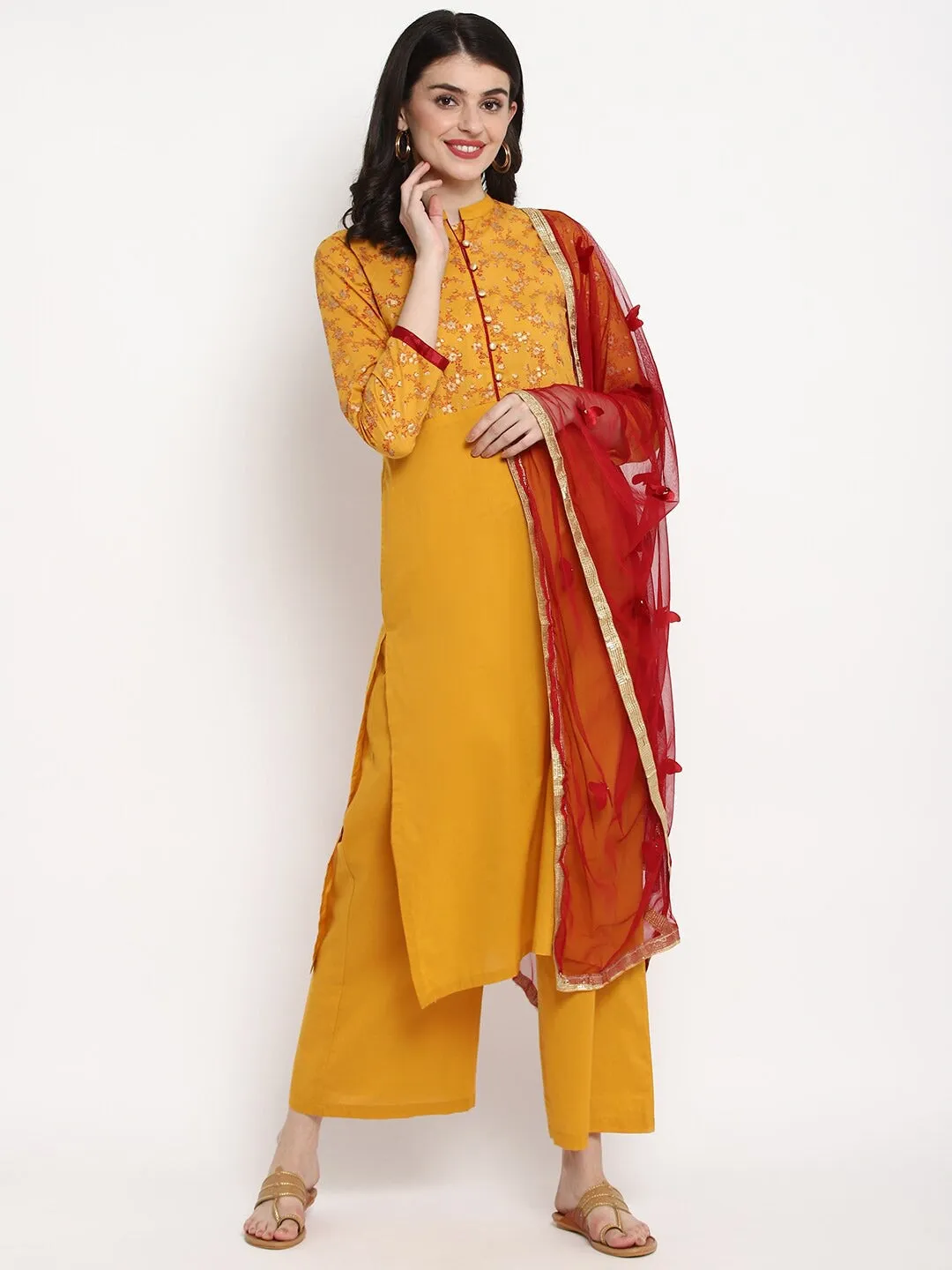 Women Mustard Yellow & Red Embroidered Kurta With Trousers & Dupatta