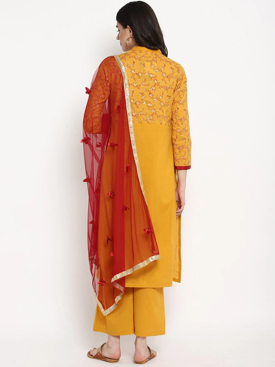 Women Mustard Yellow & Red Embroidered Kurta With Trousers & Dupatta