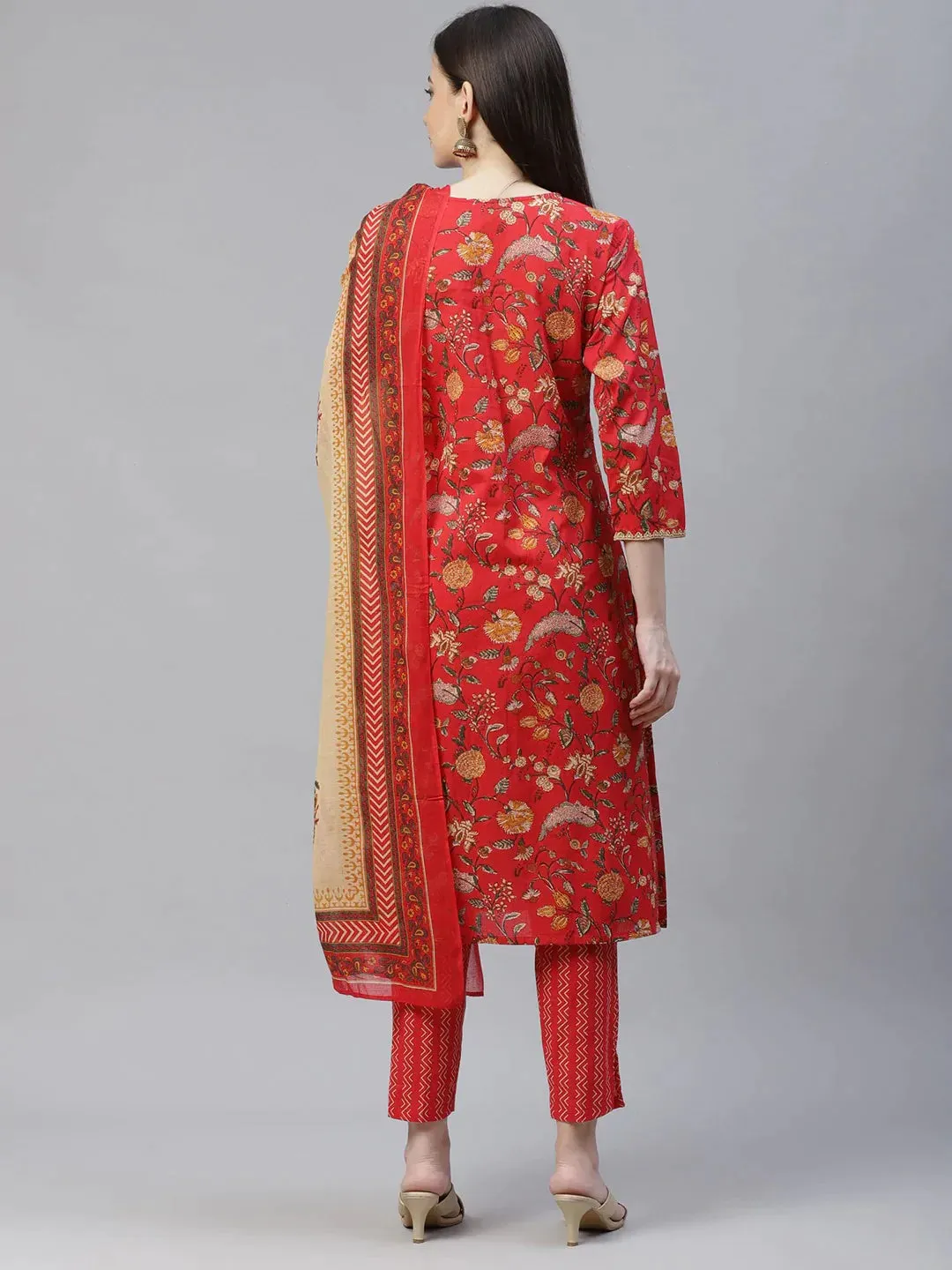 Women Red Ethnic Motifs Printed Regular Pure Cotton Kurta With Trousers & Dupatta