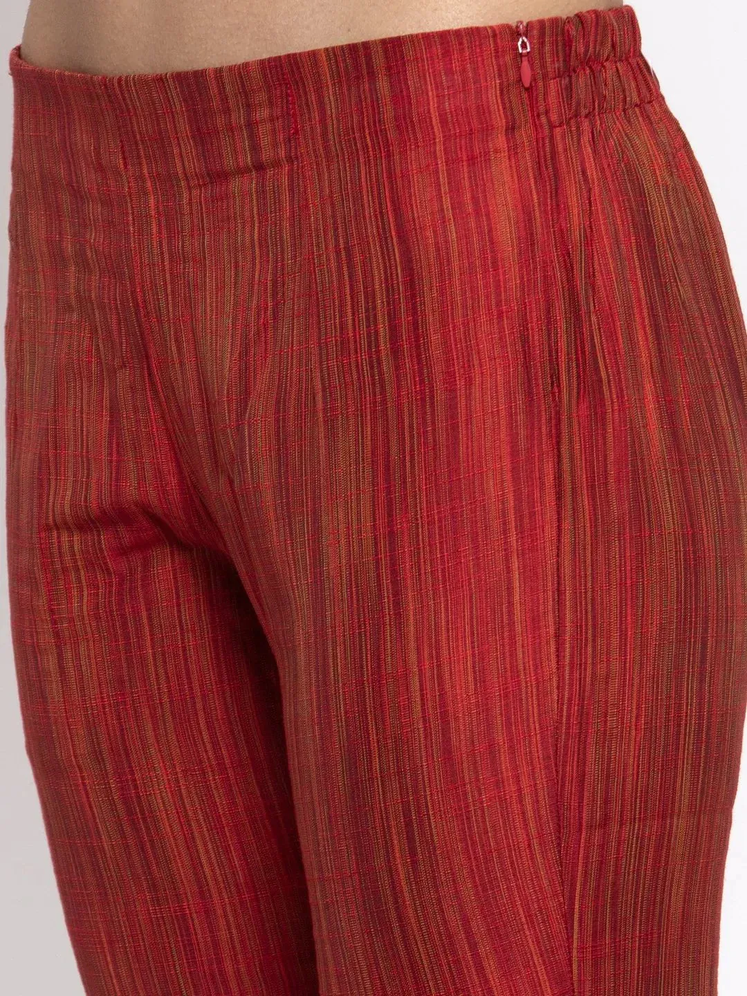 Women Red Self-Striped Kurta With Trousers & Art Silk Printed Dupatta