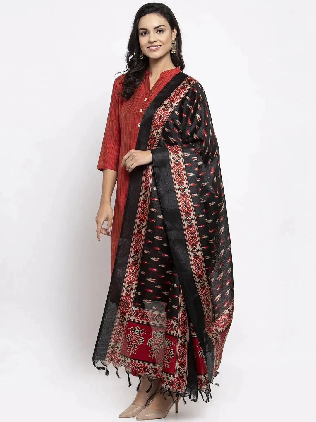 Women Red Self-Striped Kurta With Trousers & Art Silk Printed Dupatta