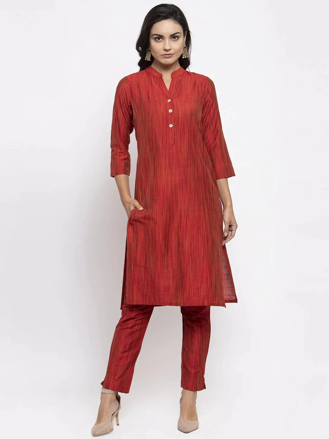 Women Red Self-Striped Kurta With Trousers & Art Silk Printed Dupatta