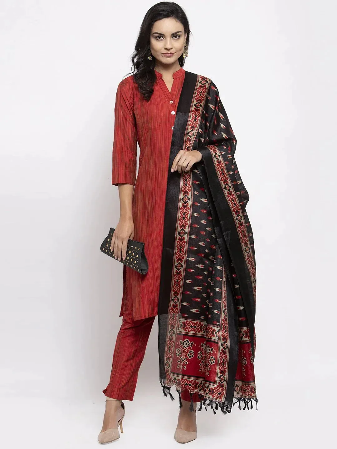 Women Red Self-Striped Kurta With Trousers & Art Silk Printed Dupatta