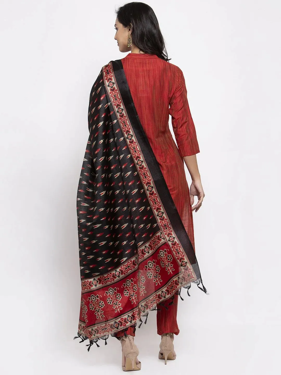 Women Red Self-Striped Kurta With Trousers & Art Silk Printed Dupatta