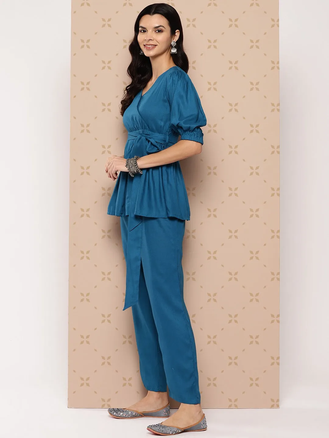 Women Teal Blue Pure Cotton Co-Ord Set