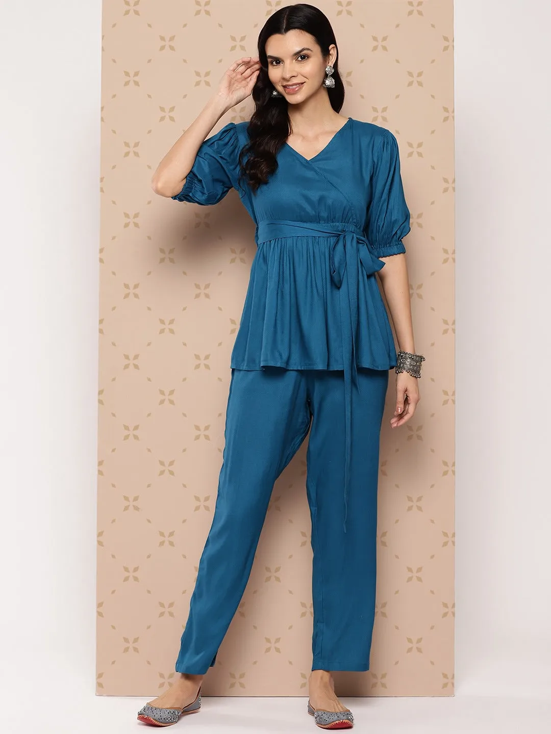 Women Teal Blue Pure Cotton Co-Ord Set