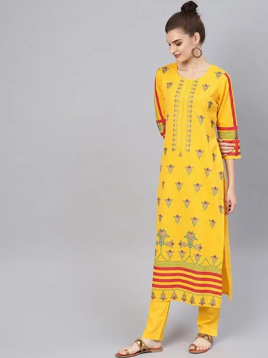 Women Yellow Floral Printed Pure Cotton Kurta With Trousers