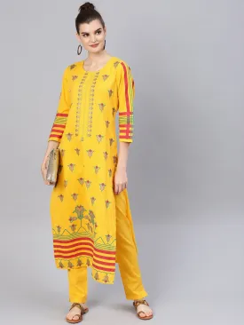 Women Yellow Floral Printed Pure Cotton Kurta With Trousers