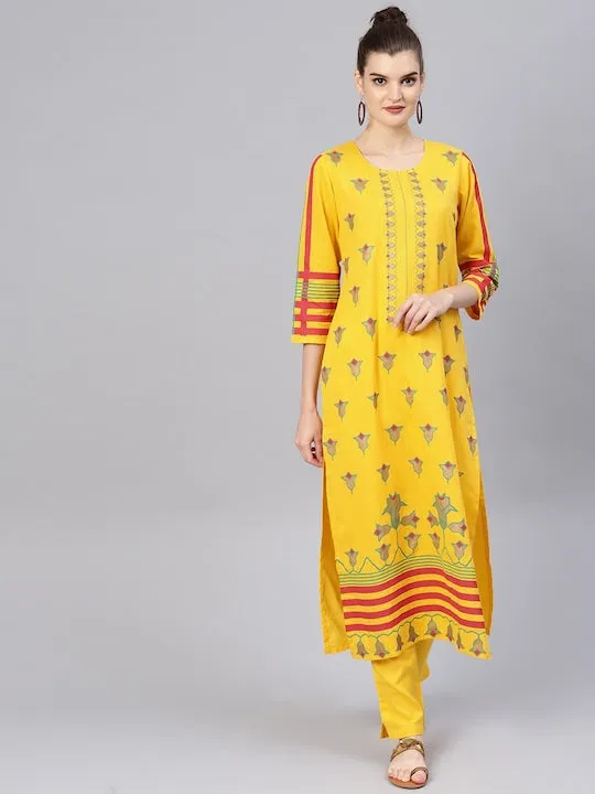 Women Yellow Floral Printed Pure Cotton Kurta With Trousers