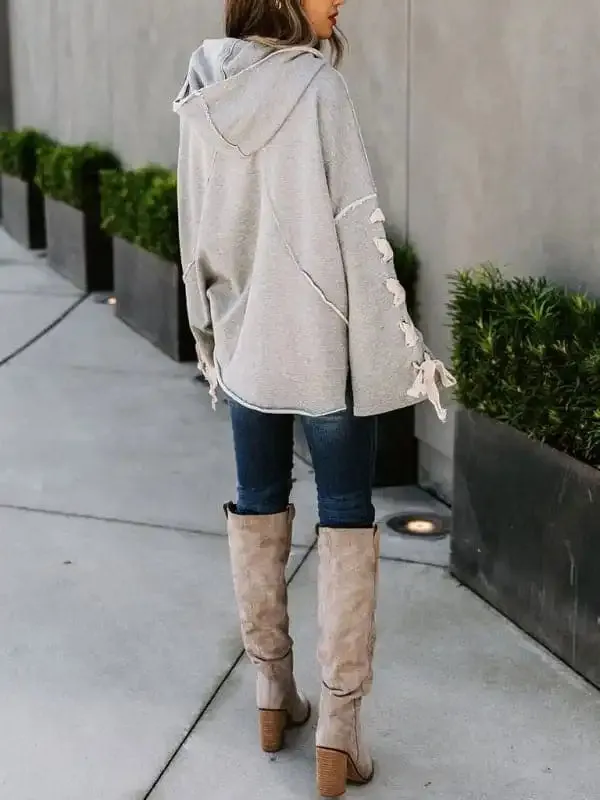 Women’s autumn and winter cotton niche design bandage · Oversized hooded pile neck sweater