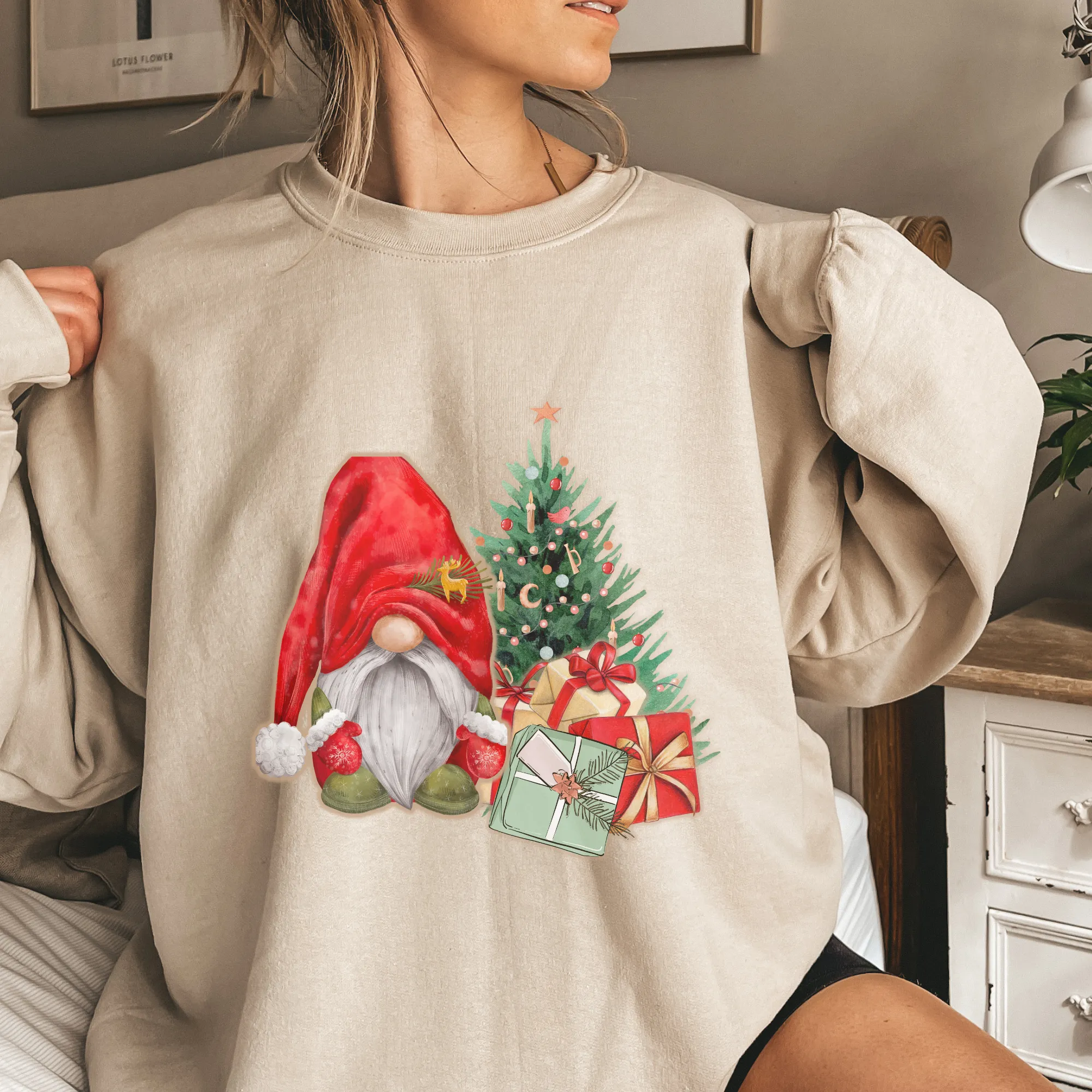 Women's Christmas Gnome Crewneck Sweatshirt Cute Warm and Cozy Gildan® Pullover Watercolor Gnome and Christmas Gifts Christmas Gift